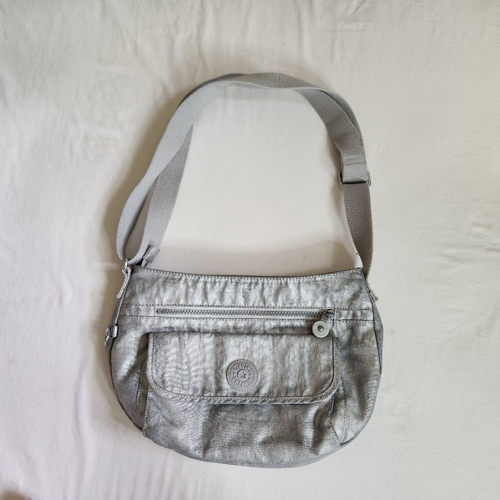 Kipling Syro Crossbody Shoulder Bag Purse silver gray metallic mottled